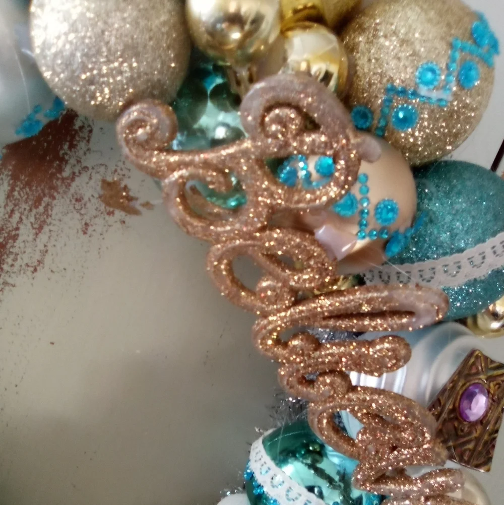 Shabby Blue Silver Gold Vintage Ornaments Holiday Wreath Handmade